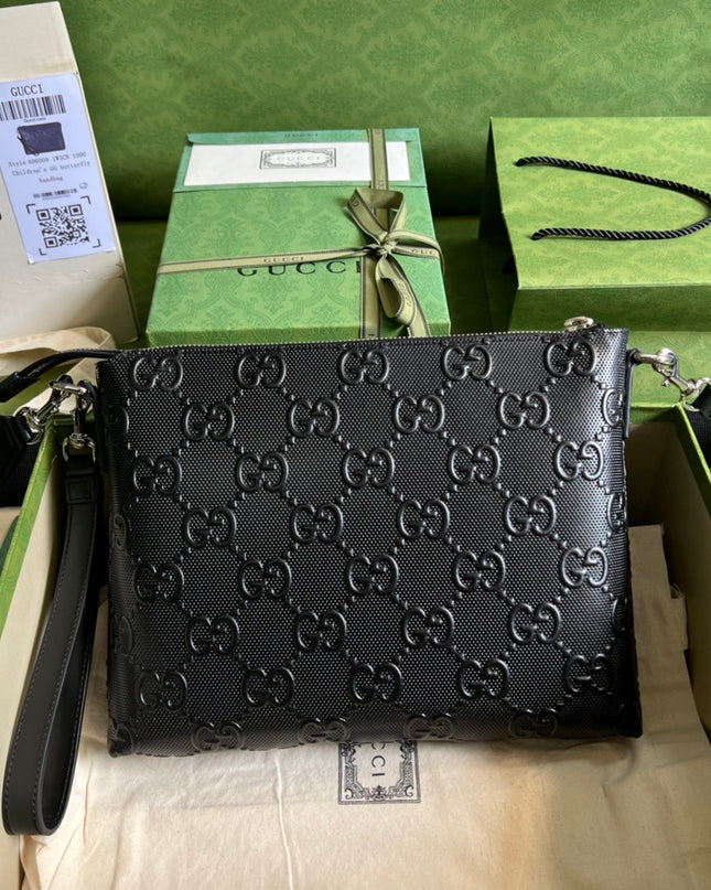Gucci GG Embossed Leather Pouch Bag 696009 – Black