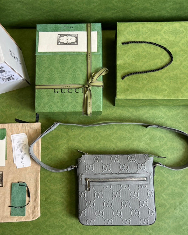 Gucci GG Embossed Leather Messenger Bag – Gray