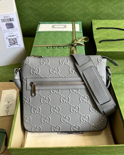 Gucci GG Embossed Leather Messenger Bag – Gray