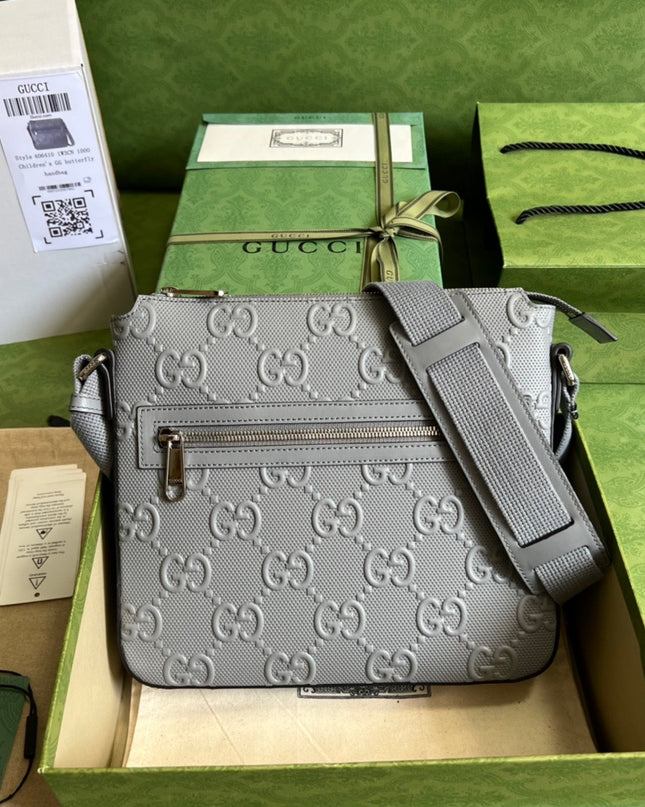 Gucci GG Embossed Leather Messenger Bag – Gray