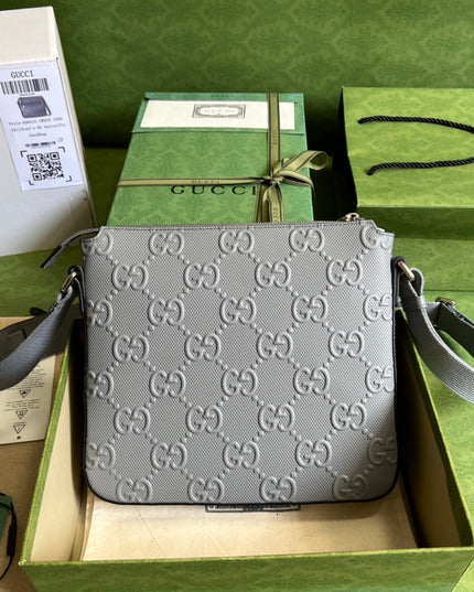 Gucci GG Embossed Leather Messenger Bag – Gray