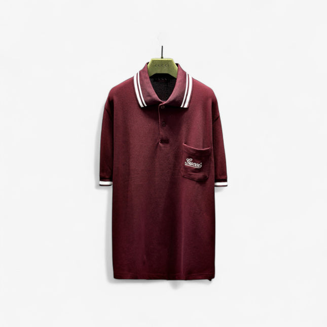 Gucci Embroidered Chest‑Pocket Cotton‑Piqué Polo Shirt in Burgundy