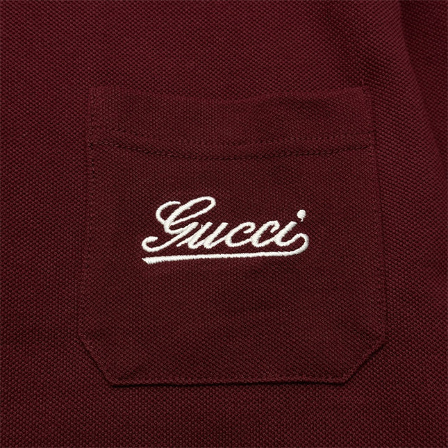 Gucci Embroidered Chest‑Pocket Cotton‑Piqué Polo Shirt in Burgundy