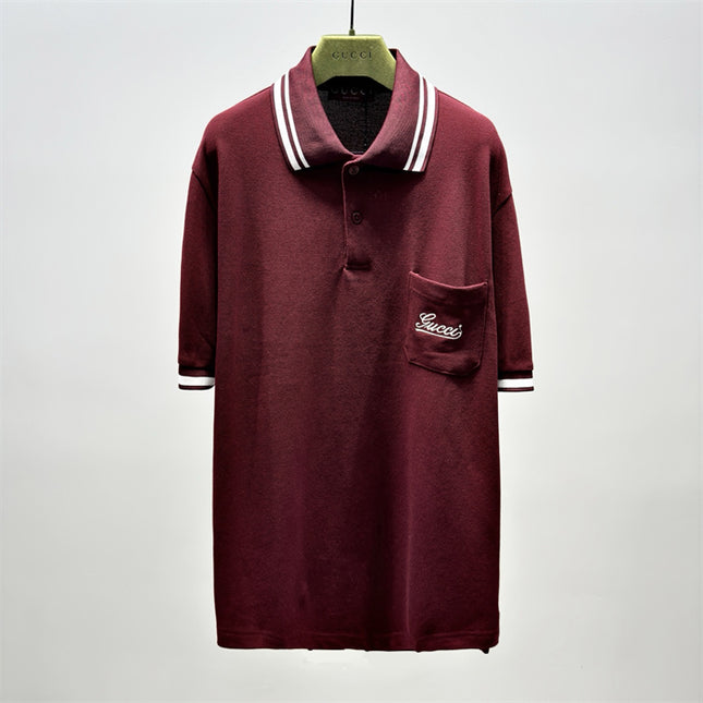 Gucci Embroidered Chest‑Pocket Cotton‑Piqué Polo Shirt in Burgundy
