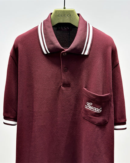 Gucci Embroidered Chest‑Pocket Cotton‑Piqué Polo Shirt in Burgundy