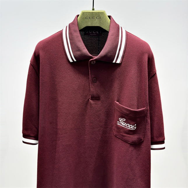 Gucci Embroidered Chest‑Pocket Cotton‑Piqué Polo Shirt in Burgundy