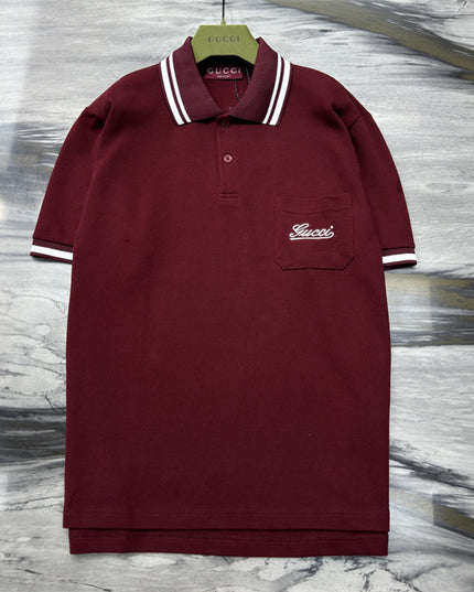 Gucci Embroidered Chest‑Pocket Cotton‑Piqué Polo Shirt in Burgundy