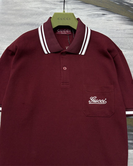 Gucci Embroidered Chest‑Pocket Cotton‑Piqué Polo Shirt in Burgundy
