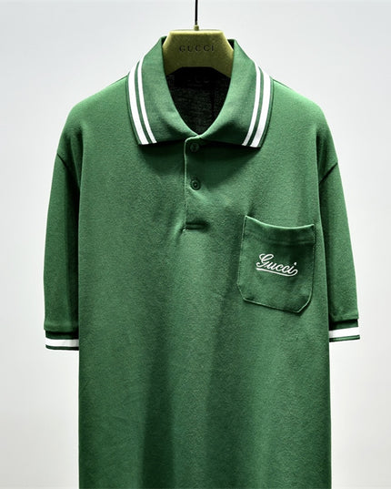 Gucci Embroidered Chest‑Pocket Cotton‑Piqué Polo Shirt in Green