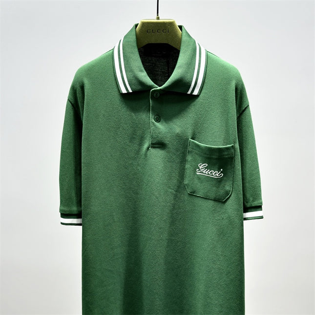 Gucci Embroidered Chest‑Pocket Cotton‑Piqué Polo Shirt in Green