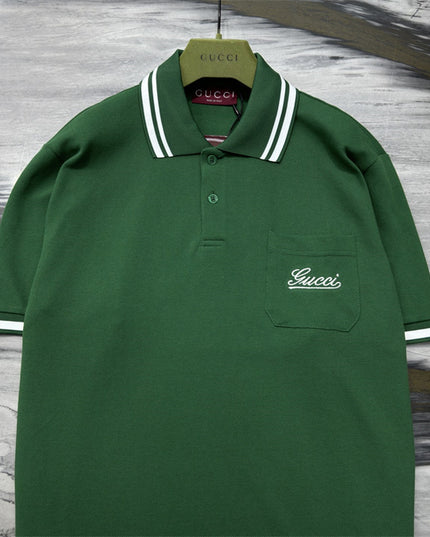 Gucci Embroidered Chest‑Pocket Cotton‑Piqué Polo Shirt in Green