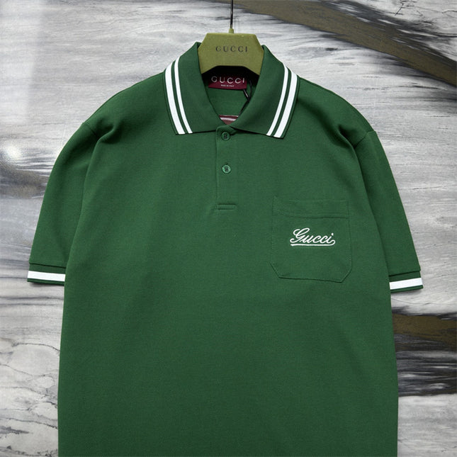 Gucci Embroidered Chest‑Pocket Cotton‑Piqué Polo Shirt in Green
