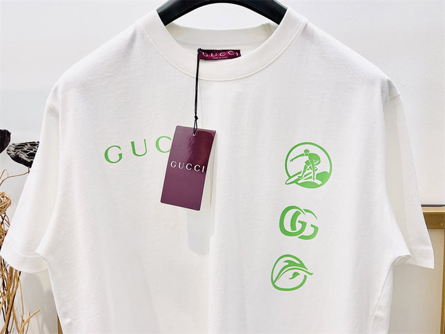 Gucci Embroidered Cotton Jersey T‑Shirt in White and Lime Green