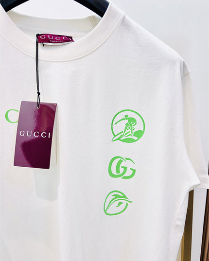 Gucci Embroidered Cotton Jersey T‑Shirt in White and Lime Green