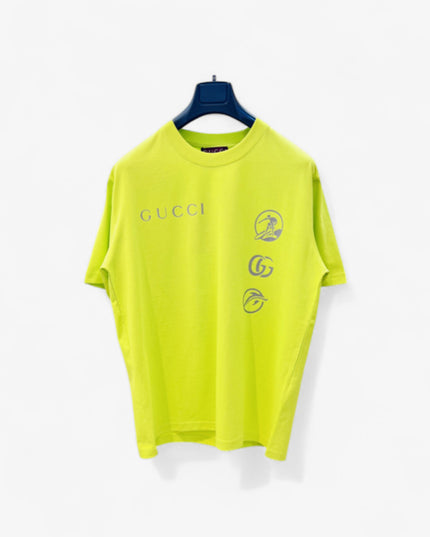 Gucci Embroidered Cotton‑Jersey T‑Shirt in Fluorescent Yellow and Grey