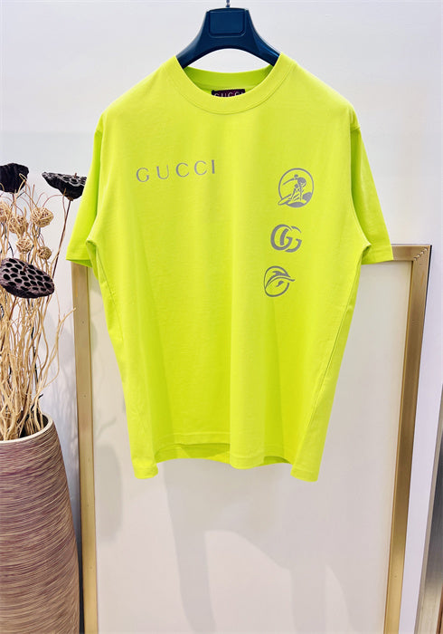 Gucci Embroidered Cotton‑Jersey T‑Shirt in Fluorescent Yellow and Grey