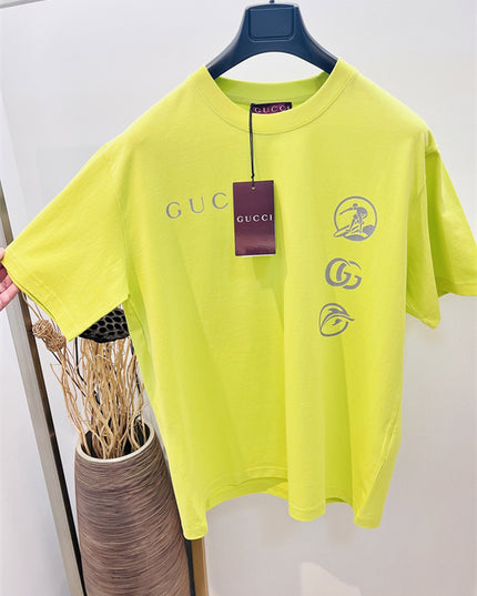 Gucci Embroidered Cotton‑Jersey T‑Shirt in Fluorescent Yellow and Grey