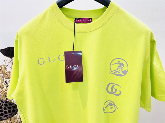 Gucci Embroidered Cotton‑Jersey T‑Shirt in Fluorescent Yellow and Grey