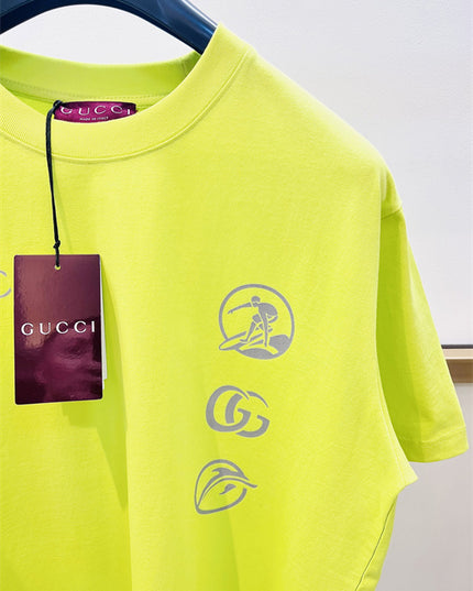 Gucci Embroidered Cotton‑Jersey T‑Shirt in Fluorescent Yellow and Grey