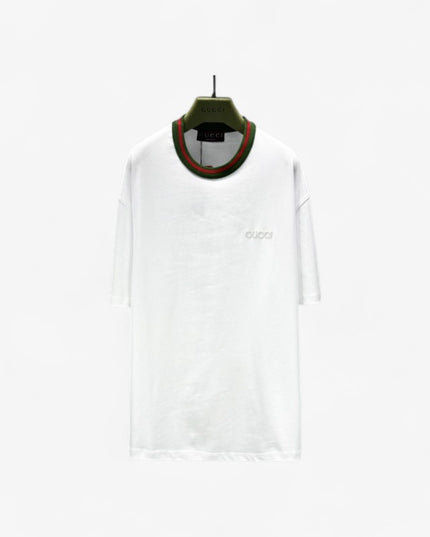 Gucci Embroidered Cotton‑jersey T‑shirt With Green‑red Web Collar (White)