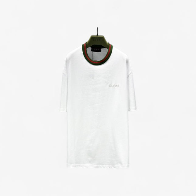 Gucci Embroidered Cotton‑jersey T‑shirt With Green‑red Web Collar (White)