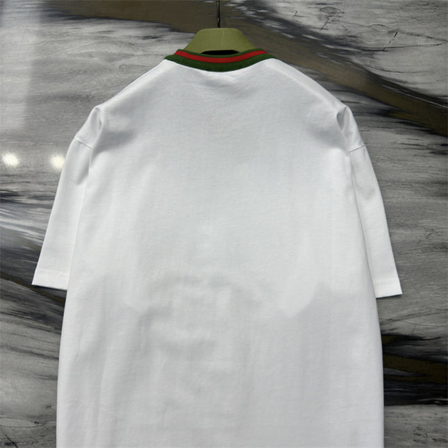 Gucci Embroidered Cotton‑jersey T‑shirt With Green‑red Web Collar (White)