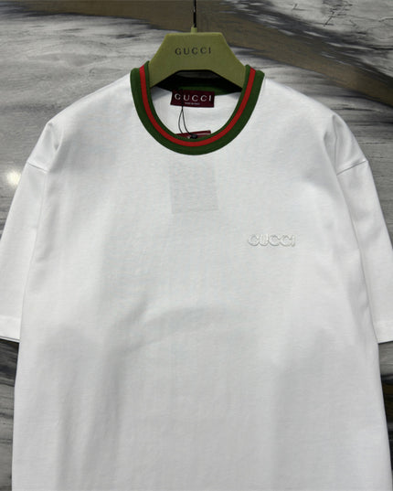 Gucci Embroidered Cotton‑jersey T‑shirt With Green‑red Web Collar (White)
