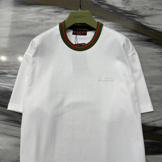 Gucci Embroidered Cotton‑jersey T‑shirt With Green‑red Web Collar (White)