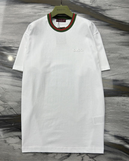 Gucci Embroidered Cotton‑jersey T‑shirt With Green‑red Web Collar (White)