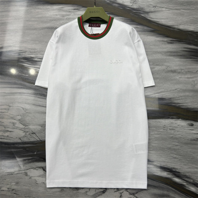 Gucci Embroidered Cotton‑jersey T‑shirt With Green‑red Web Collar (White)