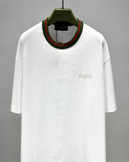 Gucci Embroidered Cotton‑jersey T‑shirt With Green‑red Web Collar (White)