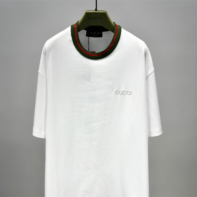 Gucci Embroidered Cotton‑jersey T‑shirt With Green‑red Web Collar (White)