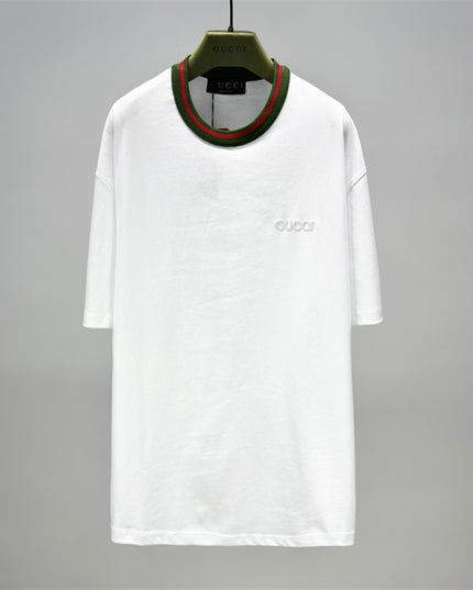 Gucci Embroidered Cotton‑jersey T‑shirt With Green‑red Web Collar (White)