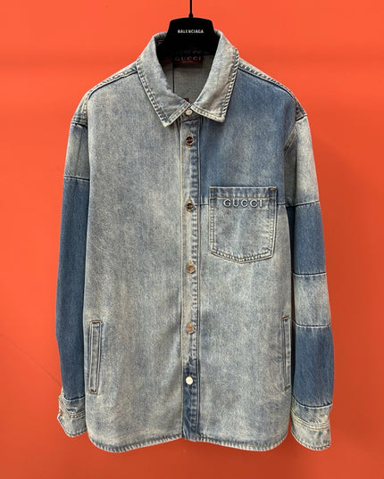 Gucci Embroidered Denim Overshirt (Blue Cotton Denim Jacket)