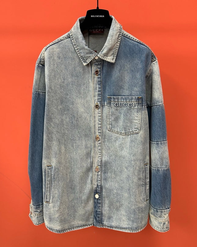 Gucci Embroidered Denim Overshirt (Blue Cotton Denim Jacket)