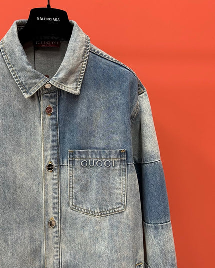 Gucci Embroidered Denim Overshirt (Blue Cotton Denim Jacket)