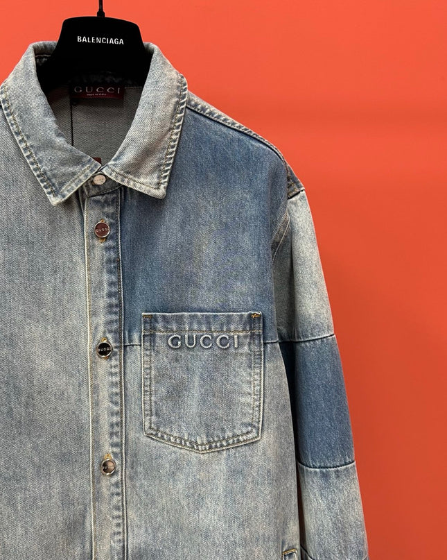 Gucci Embroidered Denim Overshirt (Blue Cotton Denim Jacket)