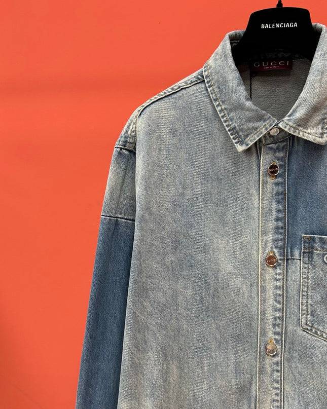 Gucci Embroidered Denim Overshirt (Blue Cotton Denim Jacket)