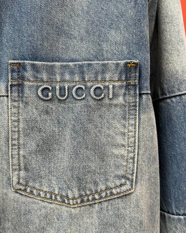 Gucci Embroidered Denim Overshirt (Blue Cotton Denim Jacket)