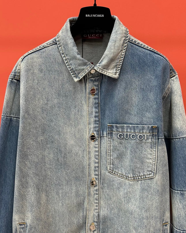 Gucci Embroidered Denim Overshirt (Blue Cotton Denim Jacket)