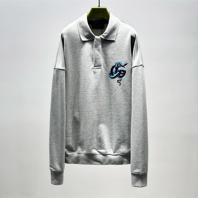 Gucci Embroidered GG Snake Long Sleeve Polo Sweater – Grey