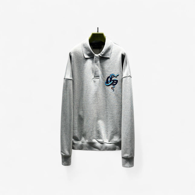 Gucci Embroidered GG Snake Long Sleeve Polo Sweater – Grey