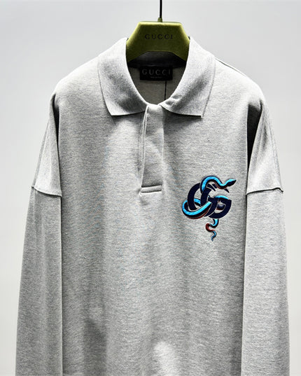 Gucci Embroidered GG Snake Long Sleeve Polo Sweater – Grey