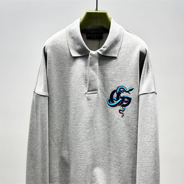 Gucci Embroidered GG Snake Long Sleeve Polo Sweater – Grey