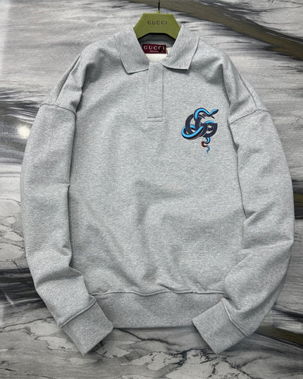 Gucci Embroidered GG Snake Long Sleeve Polo Sweater – Grey