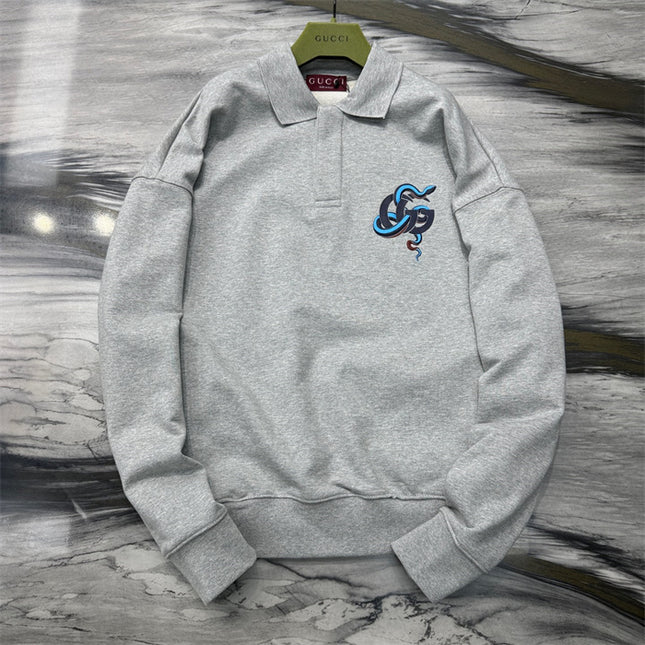 Gucci Embroidered GG Snake Long Sleeve Polo Sweater – Grey
