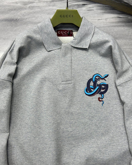Gucci Embroidered GG Snake Long Sleeve Polo Sweater – Grey