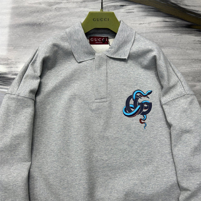 Gucci Embroidered GG Snake Long Sleeve Polo Sweater – Grey
