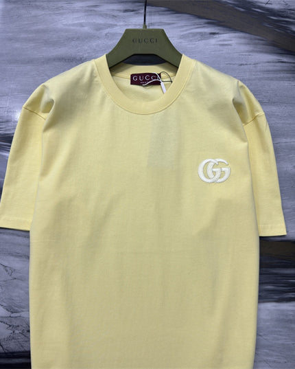 Gucci Embroidered Interlocking GG Cotton‑Jersey T‑Shirt in Pastel Yellow