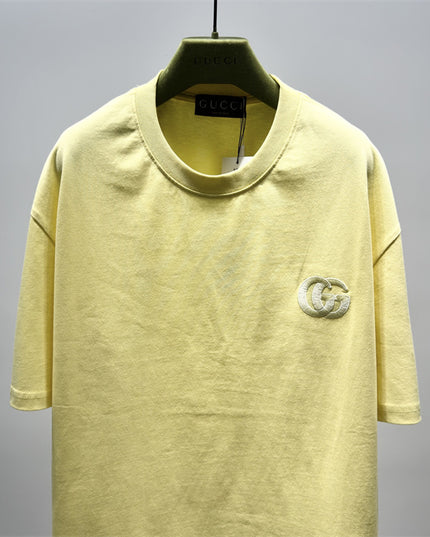 Gucci Embroidered Interlocking GG Cotton‑Jersey T‑Shirt in Pastel Yellow